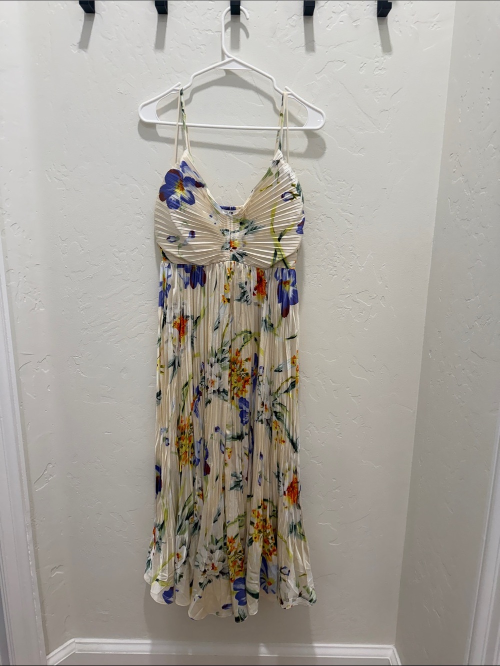 Astr Cream Floral Pleated Maxi Dress with Blue & Green Accents